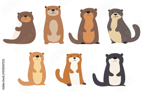 Set of seven minimalist vector otters in warm brown and beige tones with playful poses. Charming flat-design illustrations ideal for children’s decor, wildlife branding, web graphics, and print.