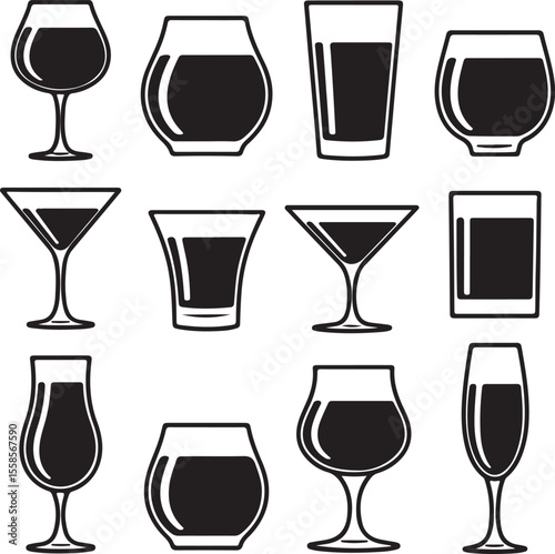 Twelve Black Silhouette Drinkware Icons Set Various Glass Types Wine Glasses Cocktail Glasses Liquor Glasses Graphic Design Elements