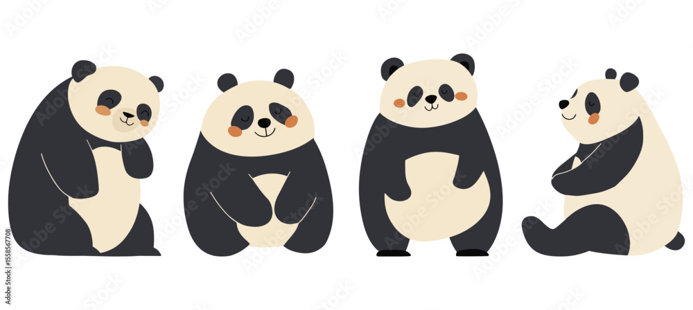 Fototapeta premium Set of four minimalist vector pandas in soft cream and charcoal tones, each in a relaxed pose with rosy cheeks. Charming design perfect for children’s decor, greeting cards, web graphics, and print.