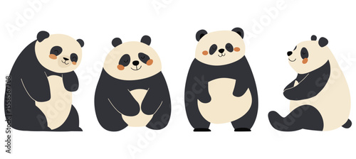 Set of four minimalist vector pandas in soft cream and charcoal tones, each in a relaxed pose with rosy cheeks. Charming design perfect for children’s decor, greeting cards, web graphics, and print.