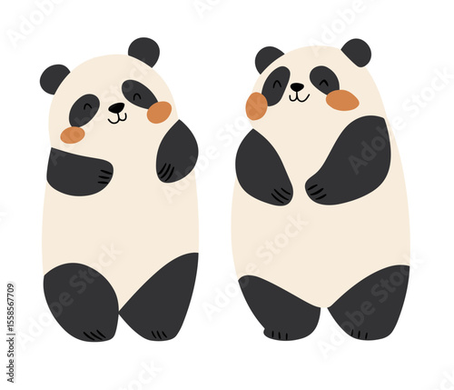 Adorable minimalist vector illustration of two happy pandas with rosy cheeks and rounded forms in a soft black-and-cream palette. Perfect for nursery decor, children’s books, greeting cards.