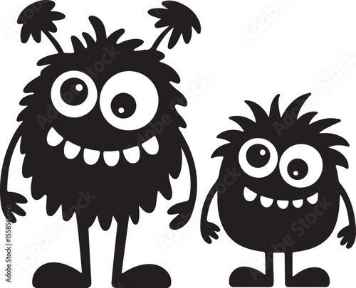 Two Black Fuzzy Monsters Silhouette Illustration Big and Small Friendly Cartoon Characters Happy Smiling Faces White Eyes and Teeth Simple Design