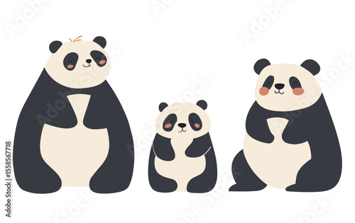 Vector illustration of a panda family trio adult, juvenile, and baby in minimalist cream and charcoal tones with rosy cheeks. Charming design for nursery decor, children’s books, baby shower invites.