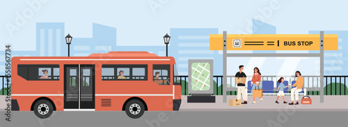 City transportation. People waiting bus at shelter. Pickup point. Bus station. Passenger public transportation. City infrastructure.
