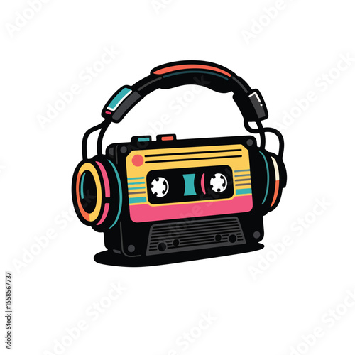 Vector art of a retro cassette tape with headphones isolated on white background