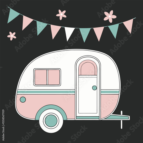 Adorable pink and white trailer is adorned with bunting and cute flowers