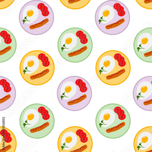 Fried Egg with Grilled sausages and Tomato slices on colorful plates Seamless Pattern Domestic food