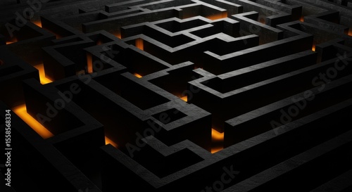 Abstract dark maze with glowing orange light underneath, High-angle shot of a complex maze illuminated from below