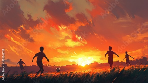 Children playing soccer on a grass field during a golden sunset illustration