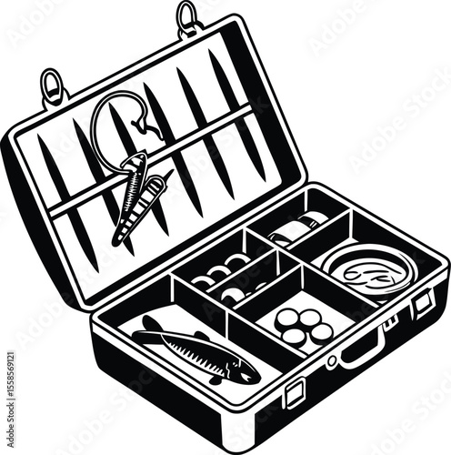 Silhouette of an open fishing tackle box with lures and gear compartments