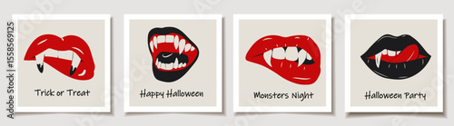 Set of Halloween cards with glamorous set of vampire lips featuring blood red color and sharp fangs, offering a bold and dramatic look. Greeting cards.