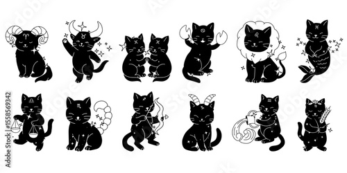 A delightful collection of cute black cats, each representing a different zodiac sign. 