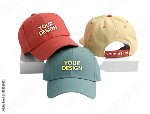 Three baseball caps in red teal and yellow with customizable design text headwear