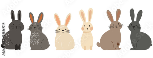Set of six minimalist hand-drawn bunny vectors in neutral beige, brown, and gray tones with simple line textures. Perfect for Easter, nursery decor, greeting cards, web graphics, and playful spring de