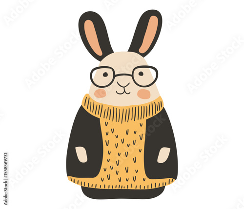 Charming minimalist vector illustration of a bespectacled bunny in a cozy mustard sweater, with rosy cheeks and simple line art. Ideal for children’s decor, greeting cards, branding, and web design.