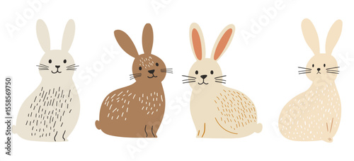 Four minimalist hand-drawn bunny vectors in neutral cream and brown tones, featuring simple line textures and playful expressions. Perfect for Easter, nursery decor, greeting cards, web and print desi