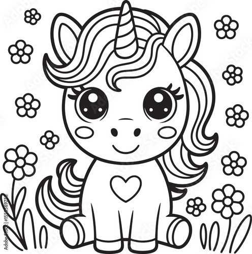 Adorable Cartoon Unicorn Coloring Page Black White Line Art Cute Flowers Heart Design vector