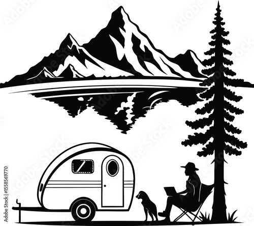 Silhouette of a person camping with dog and trailer near mountains and lake