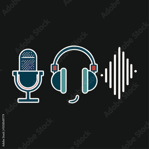 Podcast and Audio Icons, Microphone, Headphones, Sound Waves