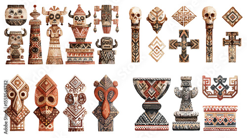 Colorful tribal totem and ceremonial symbol collection with ethnic ornaments and ancient motifs, ideal for folklore, mythology, and ritual design assets.

