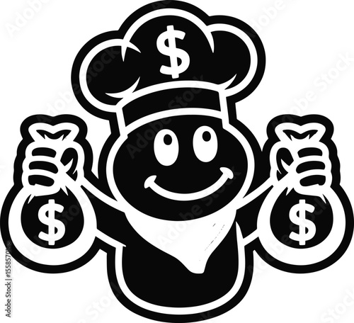 Black and White Cartoon Chef Character Holding Money Bags Smiling Happy Dollar Sign Chef Hat Wealth Icon