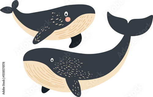 Set of playful, minimalist vector whale illustrations in muted gray and beige, with rosy cheeks, spots and stripes. Ideal for children’s books, nursery decor, ocean-themed branding and web graphics.