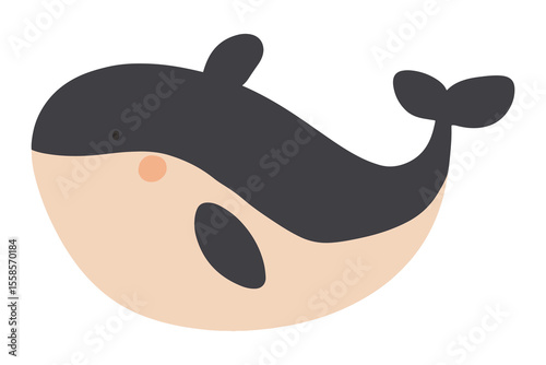 Set of playful, minimalist vector whale illustrations in muted gray and beige, with rosy cheeks, spots and stripes. Ideal for children’s books, nursery decor, ocean-themed branding and web graphics.