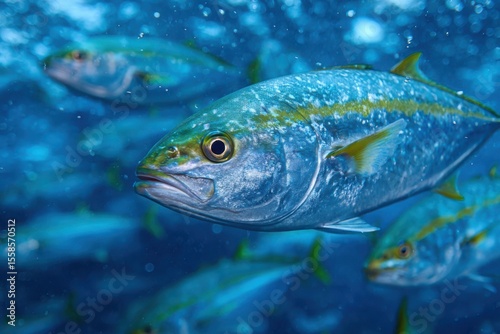 School of Yellowtail Amberjack Swimming Underwater with Sun Rays and Bubbles, Close-up View of Seriola lalandi in Natural Habitat, Blue Ocean Water and Marine Wildlife Scenery