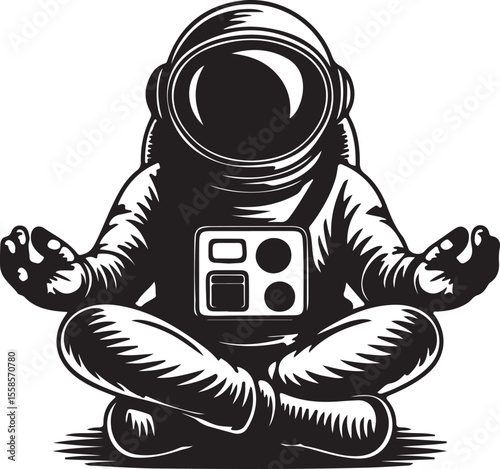Black and White Silhouette of an Astronaut Meditating in a Lotus Position Spaceman in a Spacesuit Sitting Crosslegged Peaceful Zen Space Exploration