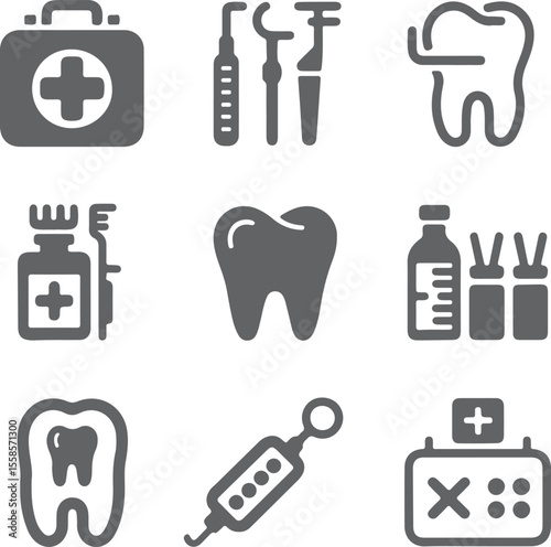 Gray Silhouette Icons Set Dental Medical Healthcare First Aid Kit Tooth Syringe Tools Bottle