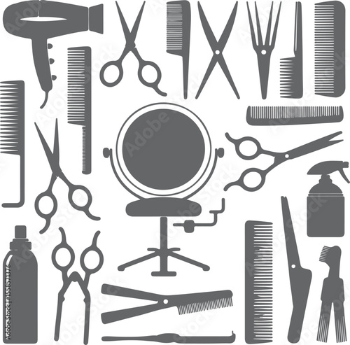Grey Silhouette Hair Salon Tools Collection Including Combs Scissors Hair Dryer Straighteners Spray Bottle and Mirror on Stand