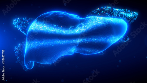Futuristic 3D liver render in holographic wireframe style, showing scanning particles and anatomical detail in a glowing medical visualization of hepatitis structure.