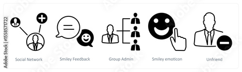 A set of 5 mix icons as social netork, smiley feedback, group admin