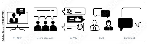 A set of 5 mix icons as blogger, user comment, survey
