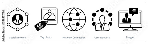 A set of 5 mix icons as social network, tag photo, network connection