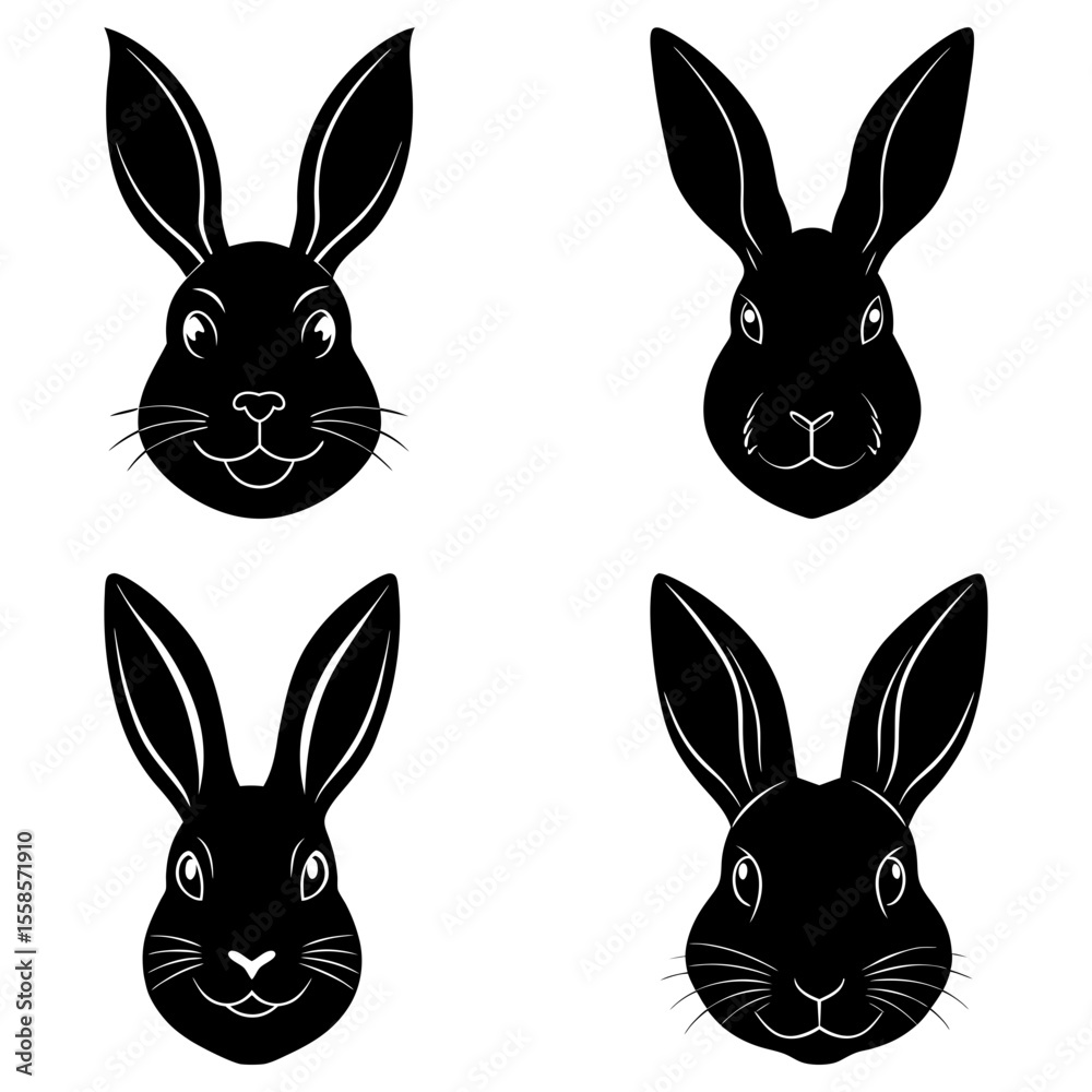 Fototapeta premium Four black and white rabbit faces with different expressions and ear positions arranged in a square