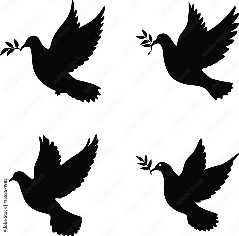 Fototapeta premium peace dove icon set, olive branch silhouette, bird symbol vector
