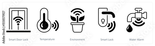 A set of 5 mix icons as smart door lock, temperature, environment