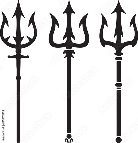 Three Black Silhouette Trident Designs Isolated on White Background Different Styles of Three Pronged Spears Mythological Weapon Vector Graphic