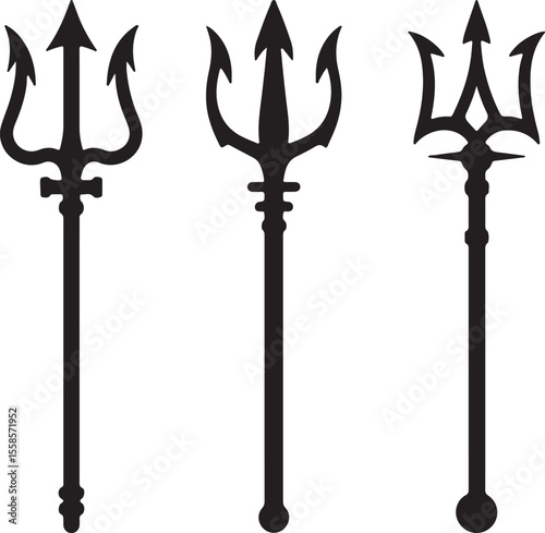 Three Black Silhouette Trident Designs Isolated on White Background Different Styles of Neptune Poseidon Greek Mythology Symbol Vector Illustration