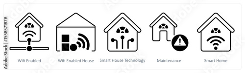 A set of 5 mix icons as wifi enabled, wifi enabled house, smart house technology