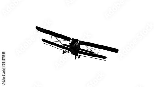 Flying biplane front view, black isolated silhouette