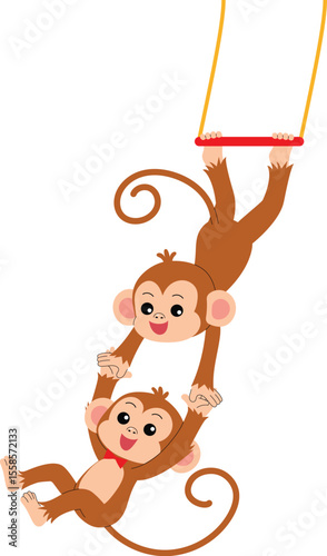 smile monkey cartoon acrobatics show swing on trapeze with teammate, cute monkey character circus performing show illustration