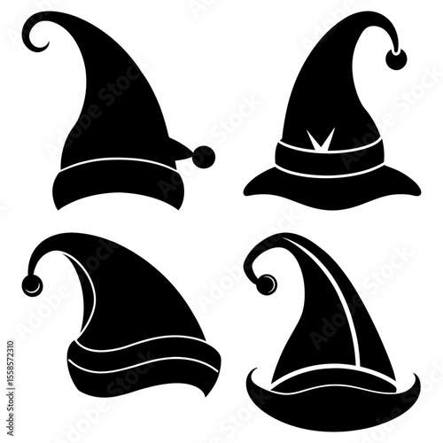 Four black silhouette images of whimsical pointed hats with curled tips and decorative accents design art