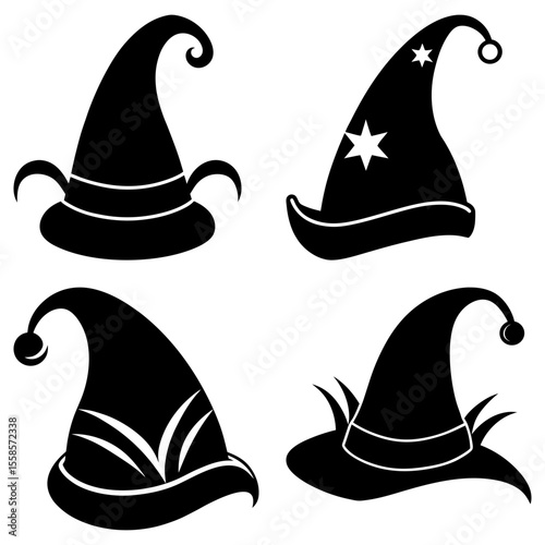 Four black silhouette wizard hats with different designs on a white background illustration image