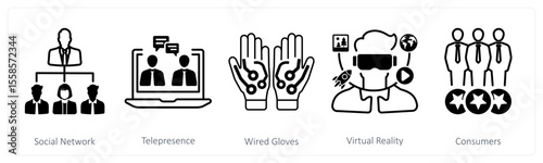 A set of 5 mix icons as social network, telepresence, wired gloves