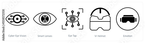 A set of 5 mix icons as cyber eye vision, smart lenses, eye tap