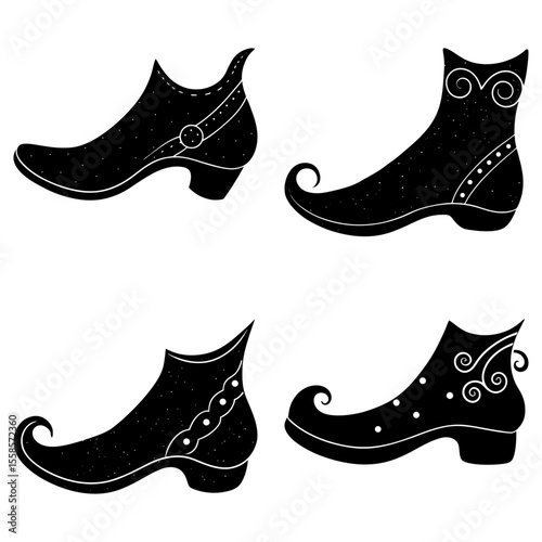 Illustration of four black silhouette shoes with curled toes and decorative elements on a white background