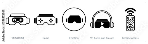 A set of 5 mix icons as vr gaming, game, emotion