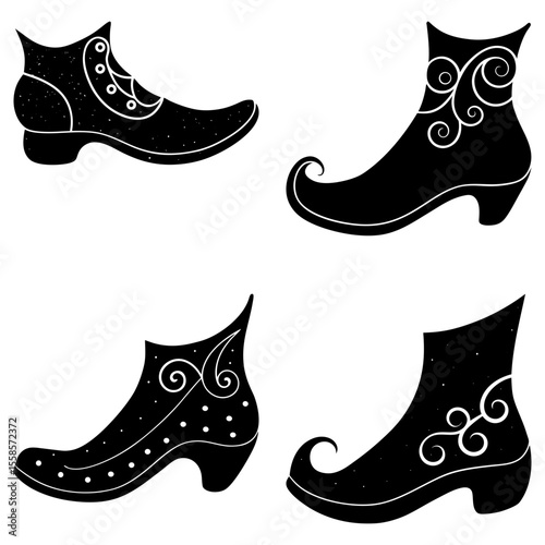 Four black silhouette boots with decorative patterns on a white background in a square arrangement